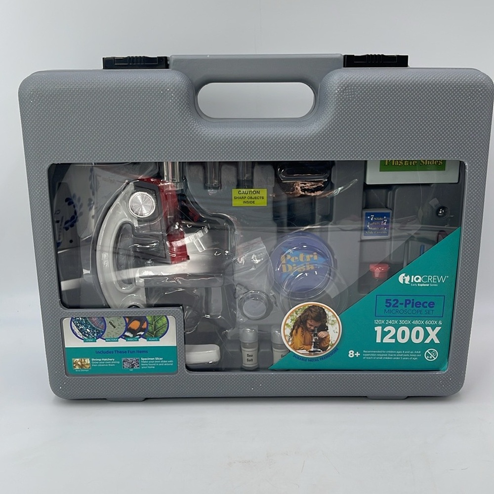 IQ Crew Microscope Kit 20X- 1200X.  52-Piece Kids Beginner STEM Kit, Metal EUC